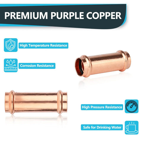 Top Tier 50 Pack 1 Inch Press Fit Copper Extended Couplings With No Stop Heavy Duty Fittings, exhibiting corrosion resistance and high pressure durability.