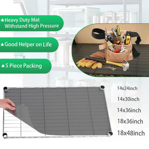 Heavy Duty Quilted Plastic Wire Shelf Liner 18 x 48 Inches Non Slip Protective Mat shown with tools on a shelf.