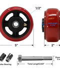 Heavy Duty 5 Inch Caster Wheels Set Of 4 With Crowned Polyurethane Tread On Rust Resistant Cast Iron Body For Industrial Cart Up To 4000 Lb No Joke Strength Built For Smooth Rollin Action, detailed view of dimensions.