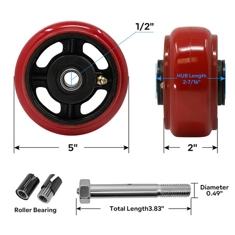 Heavy Duty 5 Inch Caster Wheels Set Of 4 With Crowned Polyurethane Tread On Rust Resistant Cast Iron Body For Industrial Cart Up To 4000 Lb No Joke Strength Built For Smooth Rollin Action, detailed view of dimensions.
