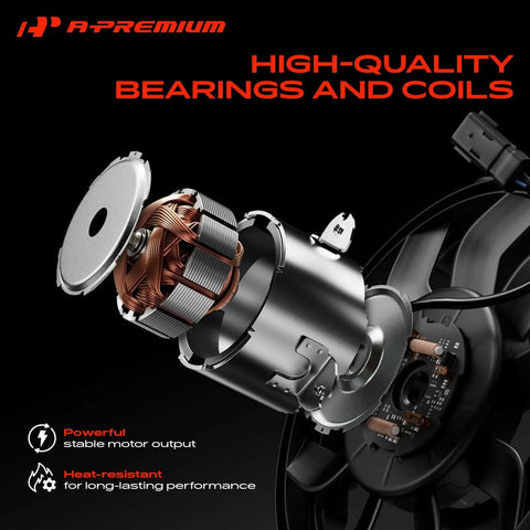 Direct Fit Engine Radiator Cooling Fan Assembly For Audi A3 And TT Quattro 2006 To 2015 Hella Tough showing high-quality bearings and coils.