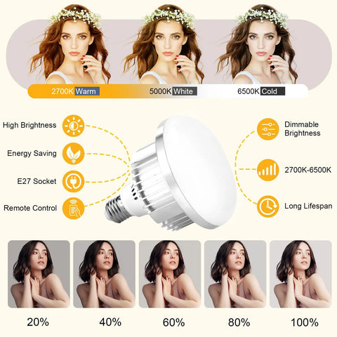 LED bulb showing color temperature range 2700K-6500K with a dimmable brightness feature, part of the 2 Pack Professional Softbox Lighting Kit