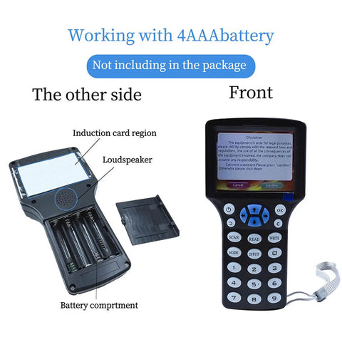 Multi Frequency RFID Reader Writer Kit With Free Software And USB For Easy Access Control And Home Security Reads And Writes HID And Other Cards Your Go To RFID Copier For Smart Cards And Gate Access That Just Works showing battery compartment and front view.