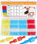 112 Piece Nylon Spade Connector Kit With Quick Disconnects, Color Coded 22 to 18 AWG, 16 to 14 AWG, And 12 to 10 AWG