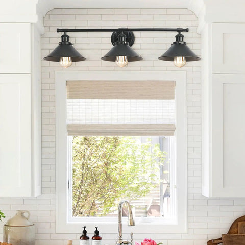 Three Light Bathroom Light Fixture With Black Metal Shade Industrial Indoor Wall Mount Sconce in kitchen setting