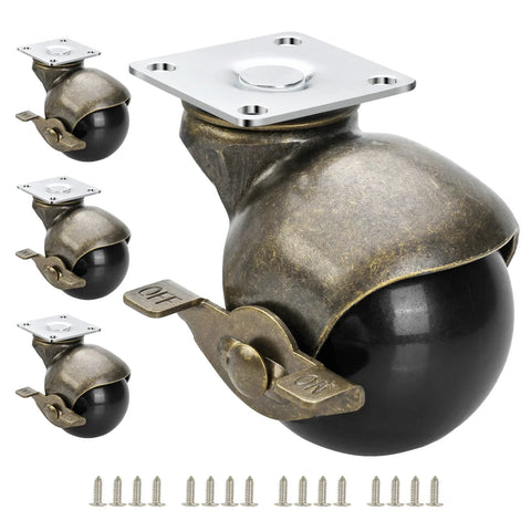 2 Inch Antique Brass Caster Wheels With Brake Set Of 4 For Furniture And DIY Projects, visible screws for installation