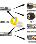 Pro Grade Heavy Duty Drain Sewer Jetter Kit For Pressure Washers With 50 Foot Hose And Four Thousand Psi, Includes One Quarter Inch NPT Adapters, Rotating Button Nose Nozzles 4.0 4.5 5.5, M22 To One Quarter Coupler, Spanner, Tape And Pearl Corsage Pin with components displayed.