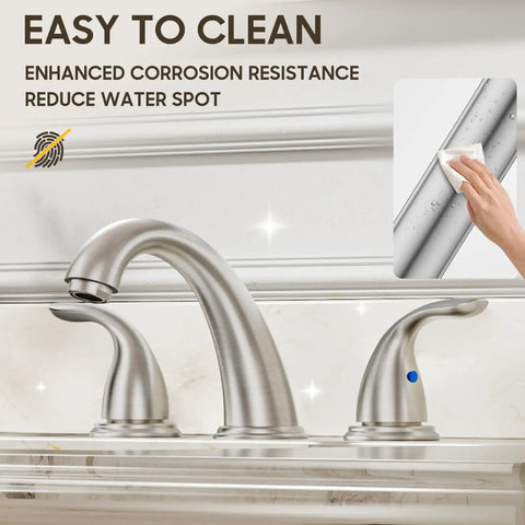 8 Inch Widespread Bathroom Faucet with Two Handles Three Hole Deck Mount in Brushed Nickel Includes Stainless Steel Pop Up Drain Durable Metal Construction Perfect For Modern Vanities And Quick Renovations, showing a close-up of corrosion-resistant brushed nickel finish being cleaned.