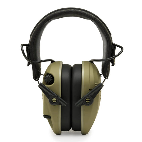 Front view of Razor Slim Patriot Series Ear Muffs With Ultra Low Profile Yet Powerful Hearing Protection And Clear Sound Amplification Ergonomic Olive Drab Green Design For Outdoors Shooting And Range Duty