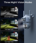 Dual-Lens Wireless Outdoor Home Security Camera System Four Camera Kit With 360 Degree Coverage showing three night vision modes