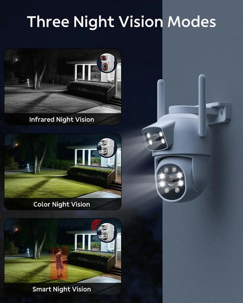 Dual-Lens Wireless Outdoor Home Security Camera System Four Camera Kit With 360 Degree Coverage showing three night vision modes