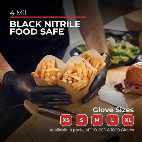 Large black nitrile food safe gloves holding fries, showcasing Super Strong Black Nitrile Gloves 1000 Count.