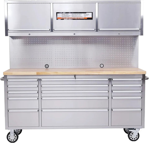Front view of 72 Inch Garage Tool Cabinet With 15 Drawers Rolling Workshop Storage Chest Stainless Steel Tool Bench With Locking System.