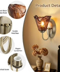 Vintage Glass Wall Sconces Set of 2,Aged Brass Bathroom Vanity Lighting with hand-blown amber glass shade and curved arm.