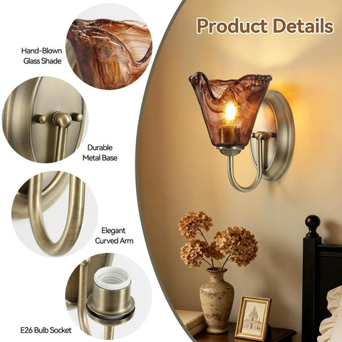 Vintage Glass Wall Sconces Set of 2,Aged Brass Bathroom Vanity Lighting with hand-blown amber glass shade and curved arm.