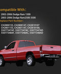 Red Dodge Ram truck showcasing compatibility for Tail Light Assembly For 2002-2006 Dodge Ram 1500 And 2003-2006 Ram 2500 3500 Pickup Driver And Passenger Side Taillights With Bulb Inside And Wiring Harness Direct Fit Plug And Play.