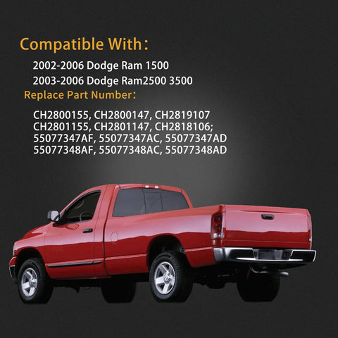Red Dodge Ram truck showcasing compatibility for Tail Light Assembly For 2002-2006 Dodge Ram 1500 And 2003-2006 Ram 2500 3500 Pickup Driver And Passenger Side Taillights With Bulb Inside And Wiring Harness Direct Fit Plug And Play.