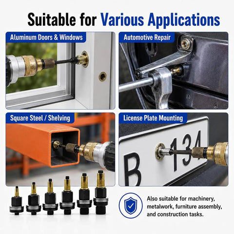 Pro Grade Heavy Duty Rivet Nut Tool Kit With Multi Size M3 To M12 Mandrel Set For Quick Fastening And Real Repairs, Carbon Steel Build, Includes Common Metric Rivnuts And Mandrels For Auto, Bike, And Metalworking Projects. shown with M3-M12 uses