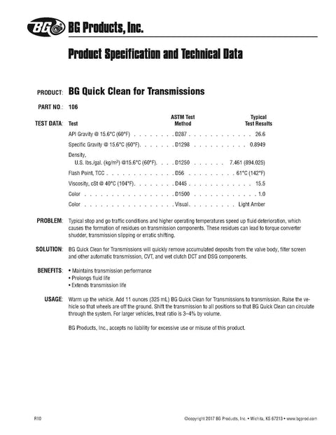 Heavy Duty Auto Transmission Cleaner That Scrubs Valve Bodies And Cleans Filters To Knock Deposits To The Curb For Slick Shifting Pn 106 product specification document with test data and usage instructions.