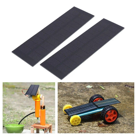 Two Pack Quick Charging 1W 5V Solar Panels for Small DIY Projects shown next to DIY setup and toy car for science experiments
