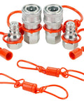 Front view of four silver 1/4 in ISO 5675 poppet hydraulic quick-connect couplers with orange dust caps and cords