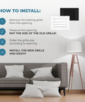 Installation guide next to a lamp and couch for Aluminum Vent Cover 24 By 24 Inches Quiet Return Air Grille For Wall Or Ceiling