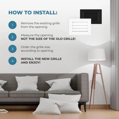 Installation guide next to a lamp and couch for Aluminum Vent Cover 24 By 24 Inches Quiet Return Air Grille For Wall Or Ceiling
