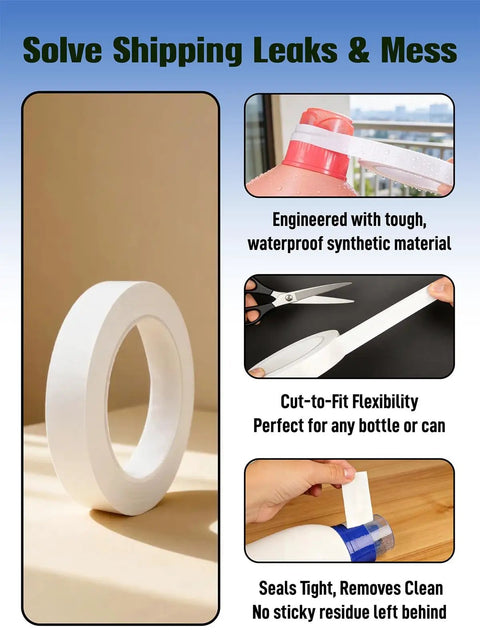 No Spill Leakproof Bottle Sealing Tape 1.18In By 108Ft Keeps Liquids In, shown as a white roll and in use sealing containers.