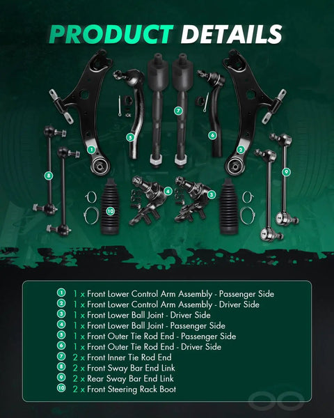 14 Piece Front Suspension Kit For Toyota Camry 2002 2003 And Lexus ES300 ES330 2002-2006 Includes Front Lower Control Arm Assemblies For Passenger And Driver Sides., front view of 14 suspension parts laid out