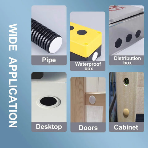 Applications of 200 Pcs Nylon Hole Plugs Set In Nine Sizes Ranging From One Fifth Inch To One Inch shown on pipe, waterproof box, distribution box, desktop, doors, cabinet