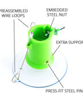 Close-up of green component of Heavy Duty Light Bulb Changer Kit For LED Bulbs With Ultra Strong Suction Cups and steel pin.