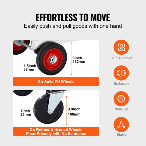 VEVOR aluminum folding hand truck with 2 solid PU wheels and 2 rubber universal wheels, front view
