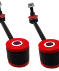 Two front sway bar end links with red polyurethane bushings, black shafts, and bolts for 1-3 inch lift