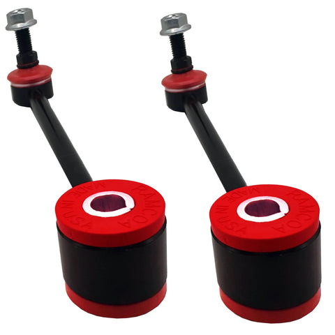 Two front sway bar end links with red polyurethane bushings, black shafts, and bolts for 1-3 inch lift