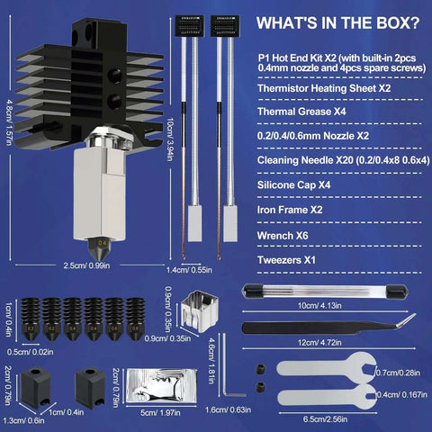 Image of 2 Pack Beefed-Up Hotend Kit for P1P P1S 3D Printer Upgrade With Hardened Steel Nozzle 0.2mm 0.4mm 0.6mm components