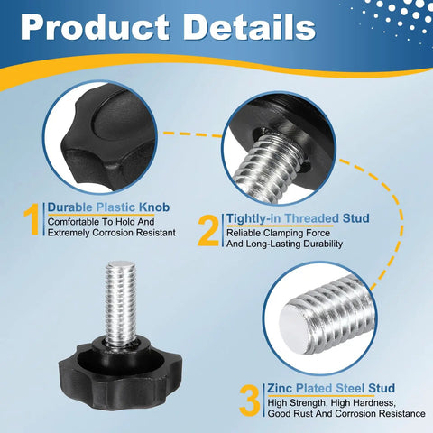Solid Star Knob Handles M8 Metric Thread With Killer Grip For Quick Bench Setup And Woodworking Jigs Easy Hand Tightening Built Tough Clamping Screws Gear Upgrade Two Piece Set In Matte Black detailed view of durable plastic knob with threaded stud.