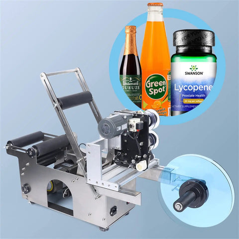 Resfirme 100W Semi-Automatic Round Labeling Machine For Jars And Bottles with motor and roll, used for labeling bottles and jars.