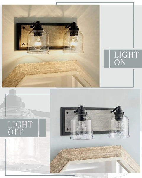 Two-Light Farmhouse Vanity Lights For Bathroom, 15.8 Inch Gray Textured Metal Backplate, Bubble Glass Shades Over Mirror