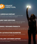 Power Practical branding, silhouette of person holding a light, company information, highlights of Shark Tank, customer support details