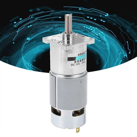 Solid 42GA775 DC Gear Motor 12V Low Speed Reversible CW CCW With All Metal Gears Overcurrent Protection for Automation And Robotics Builds with visible output shaft.