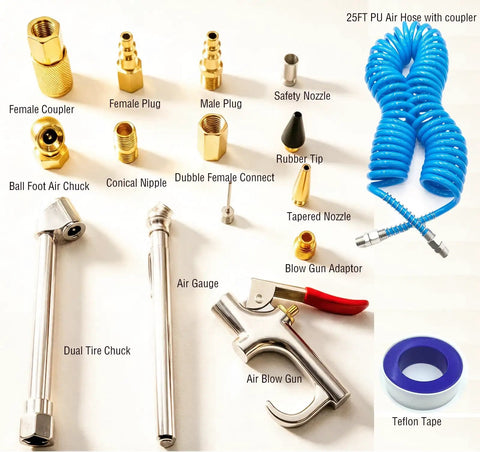 Ultimate 22-Piece All-In-One Pro-Grade Air Compressor Accessories Kit with 25-Foot Hose and various nozzles and adapters.