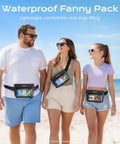 Group wearing Two Pack Waterproof Fanny Pack With IPX8 Dry Belt Bag Touch Screen Phone Pouch Wallet on beach