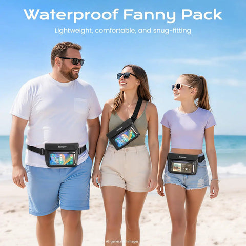 Group wearing Two Pack Waterproof Fanny Pack With IPX8 Dry Belt Bag Touch Screen Phone Pouch Wallet on beach