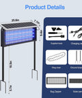 Beast Mode 30W Outdoor Bug Zapper with 3500V Shock, shown with dimensions and accessories including solar panel and charging cables