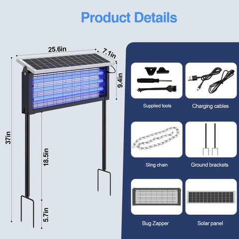 Beast Mode 30W Outdoor Bug Zapper with 3500V Shock, shown with dimensions and accessories including solar panel and charging cables