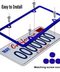 Dope Blue Aluminum License Plate Frames Front And Rear Set 2 Pack Slim 4 Hole Car Tag Covers installation with screws