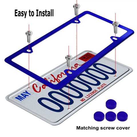 Dope Blue Aluminum License Plate Frames Front And Rear Set 2 Pack Slim 4 Hole Car Tag Covers installation with screws