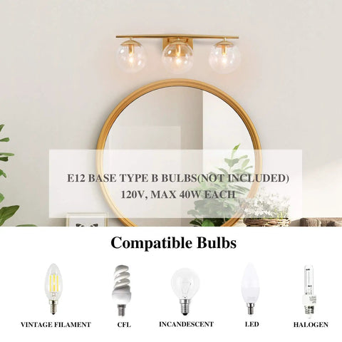 Three Light Gold Vanity Light Fixture With Clear Globe Glass Shades And Slim Taper Arm For Modern Bathroom Decor above mirror