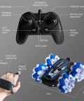 Blue YEMIAI remote-control stunt car, dual-sided with 360° flip, and black 2.4GHz controller with wrist strap.