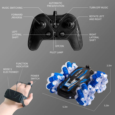 Blue YEMIAI remote-control stunt car, dual-sided with 360° flip, and black 2.4GHz controller with wrist strap.